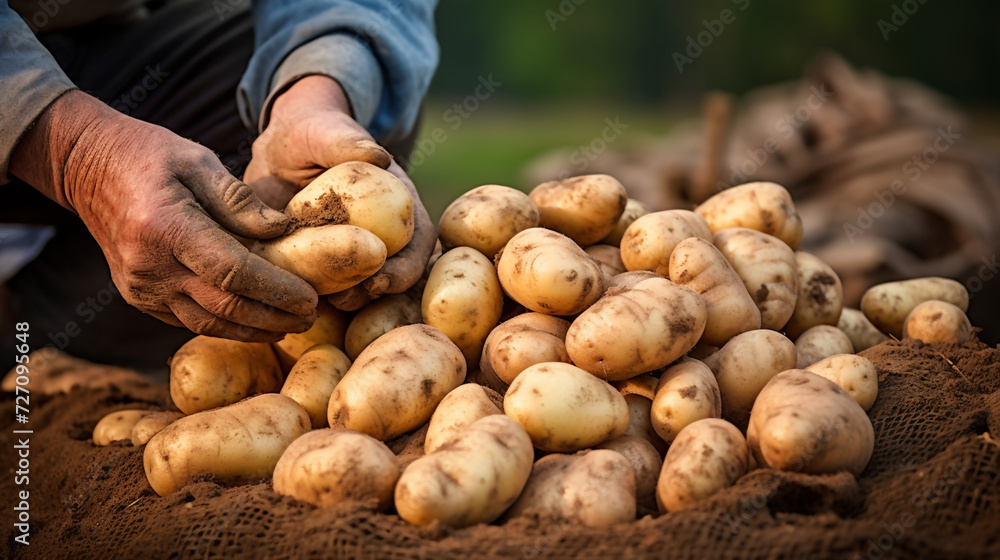 A farmers man's hands picking a potatoes on a farmers market A farmers man's hands picking a potatoes on a farmers market