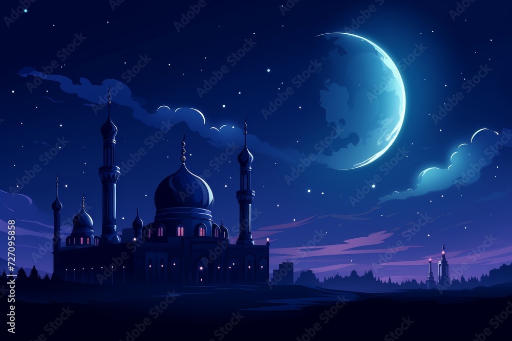 Ramadan Kareem background with mosque  at night with moon