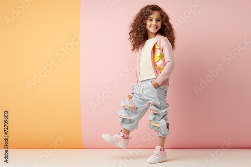 Professional Fashion Stylized Photography of a kid model in a Elegant Walk. AI Generative.