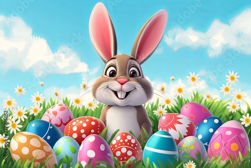 Cute and happy Easter bunny with Easter eggs in the grass. Cartoon style.