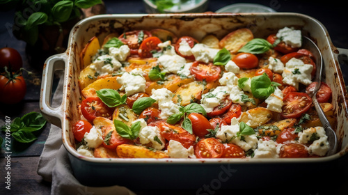 Baking dish of tasty pasta with tomatoes and feta cheese on table