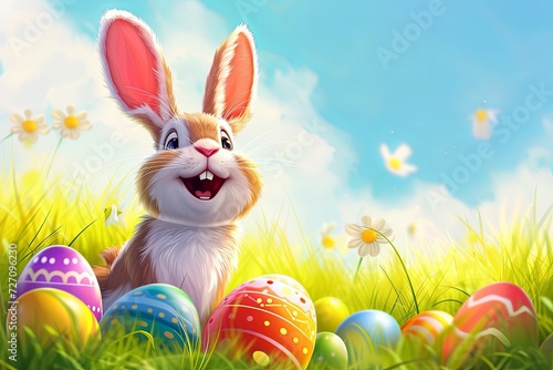 Cute and happy Easter bunny with Easter eggs in the grass.