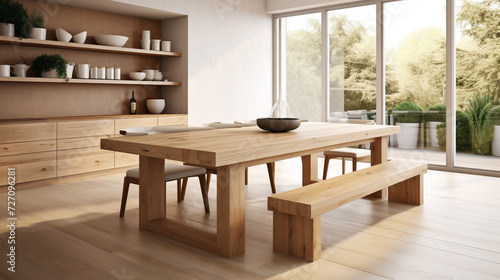 Clean wooden table in interior of modern kitchen