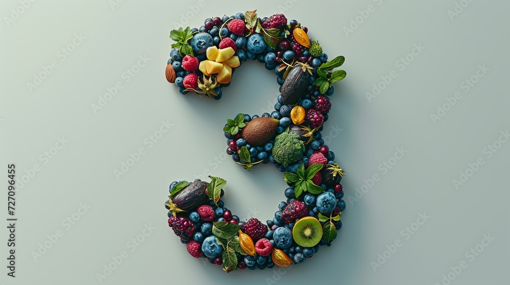 Colorful number three made of assorted fresh fruits and vegetables isolated on a white background