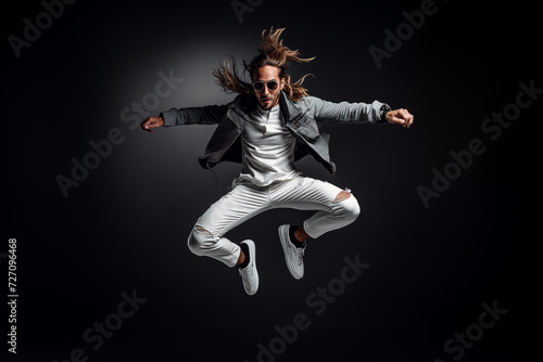 Dynamic Elegance, Surreal Fitness Jump in Stylized Fashion Photography. AI Generative.