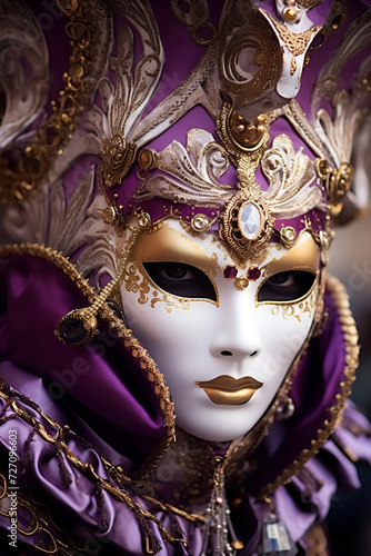 A figure wearing a Venetian masquerade mask, dressed in a purple carnival costume