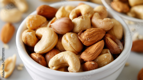 Nuts snack featuring top, side, and front angles in a white ceramic bowl