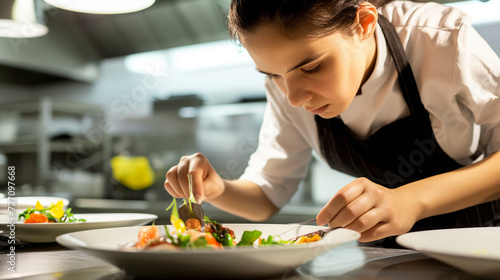 Professional kitchen shoot capturing a woman skillfully preparing a gourmet dish