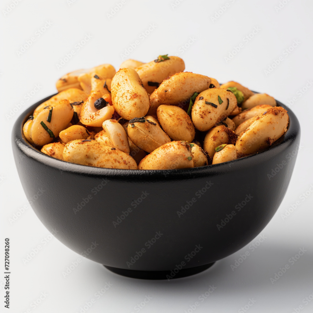 Spiced Peanuts displayed in a black bowl against a clean white backdrop Spiced Peanuts displayed in a black bowl against a clean white backdrop