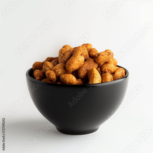 Spiced Peanuts displayed in a black bowl against a clean white backdrop
