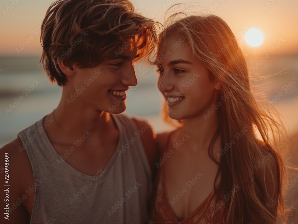 Romantic male and female looking each other into eyes during the sunset.