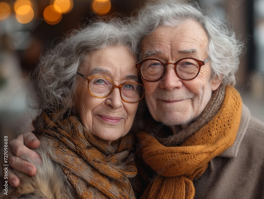 Happy elderly 70s 80s couple posing in home interior, husband and wife hugging Happy elderly 70s 80s couple posing in home interior, husband and wife hugging