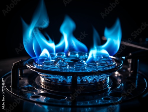 Close-up natural gas flame. Gas flame on dark background. Blue flames from gas stove burner