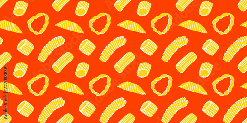 Italian pasta on red background. Horizontal seamless pattern. Modern prints for menu design, cookbooks, fabric, etc.