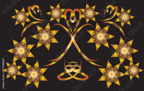 Fantasy ornament with flowers and leaves. Symmetrical ornament. Gold gradient on a black background for printing on fabric, applique and cards.