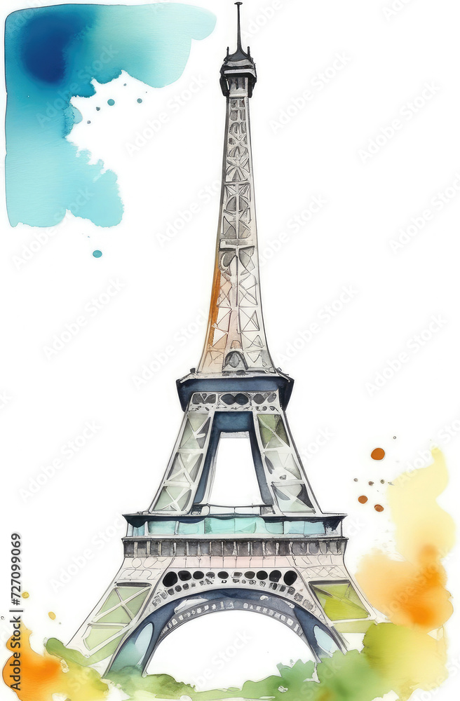 watercolor vertical postcard with Eiffel Tower, famous Paris sight. France capital, travelling.