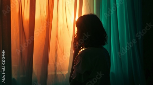A woman hesitating to open the curtains, fearing the harsh glare of the outside world exacerbating her social anxiety and depression.