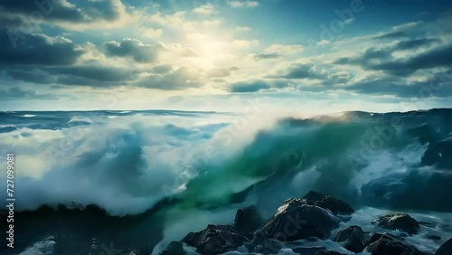 The depths of the ocean's embrace as waves roll towards the coastline