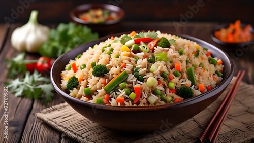 Close up view of delicious fried rice. Spicy asian or chinese traditional food close up view. 