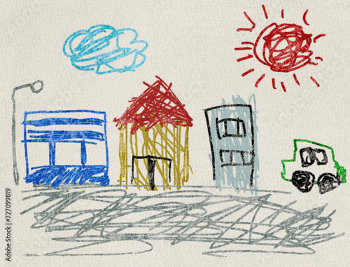 Scenery illustration in the style of a doodle, as if a child had drawn it with crayon on a drawing paper.