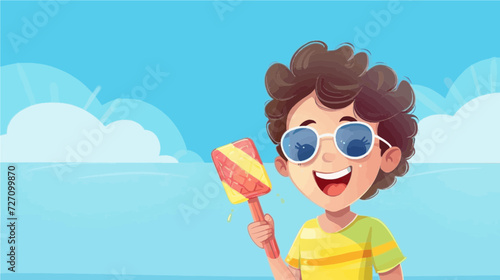 copy space, vector illustration, young kid eating a colorful popsicle-. Summer treat, Fruity ice cream sorbet on a stick. Summer theme. Kid enjoying a refreshing pipsicle. Design for advertisement, po