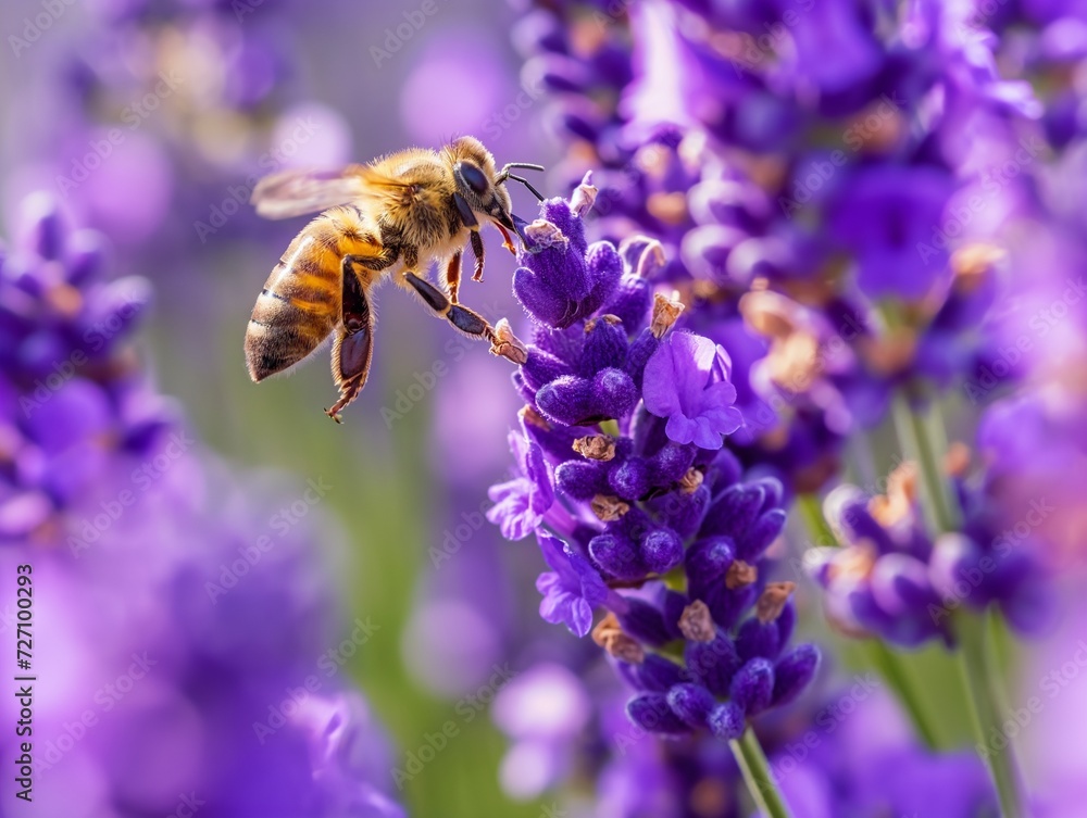 Honey bee pollinates lavender flowers, sunny lavender. Lavender flowers in field. Soft focus