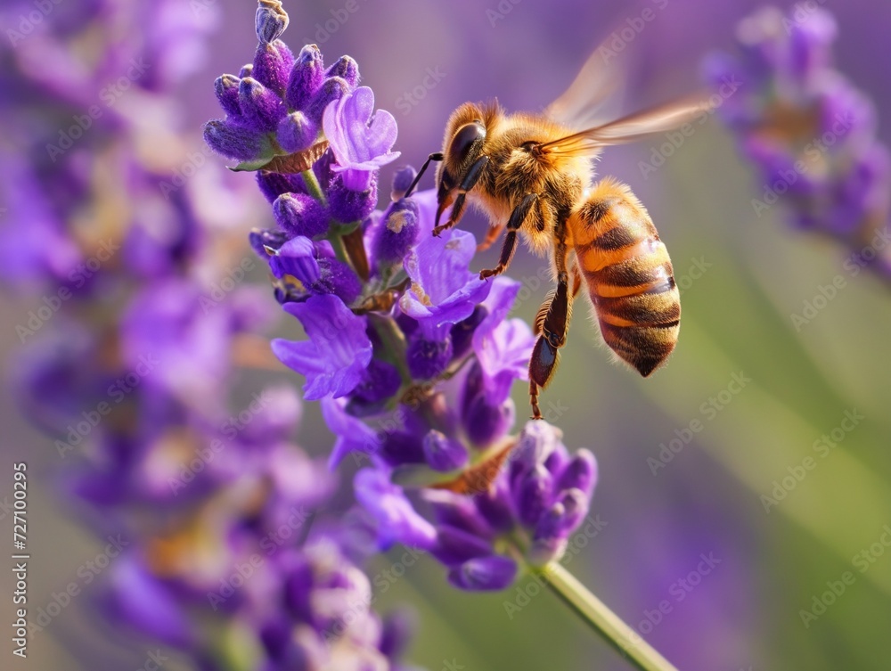 Fototapeta premium Honey bee pollinates lavender flowers, sunny lavender. Lavender flowers in field. Soft focus