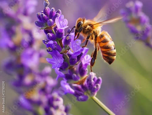 Honey bee pollinates lavender flowers, sunny lavender. Lavender flowers in field. Soft focus