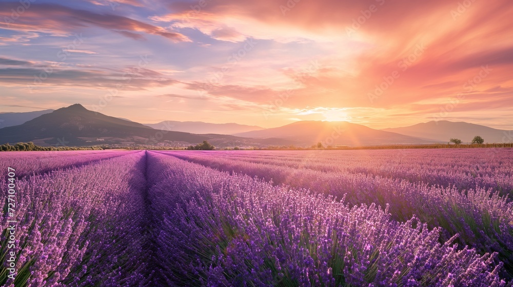 Fototapeta premium Wonderful scenery, amazing summer landscape of blooming lavender flowers, peaceful sunset view