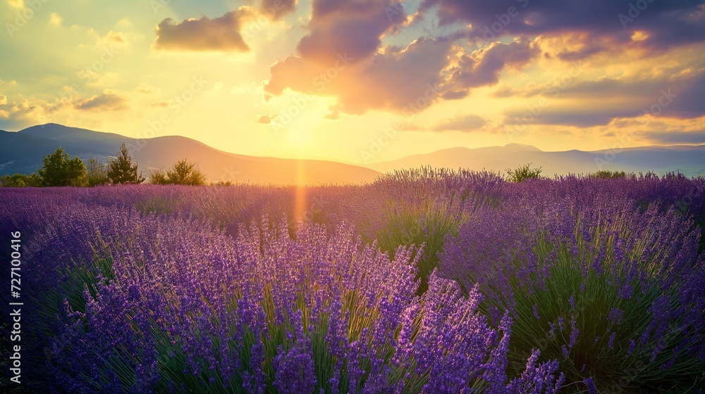Fototapeta premium Wonderful scenery, amazing summer landscape of blooming lavender flowers, peaceful sunset view