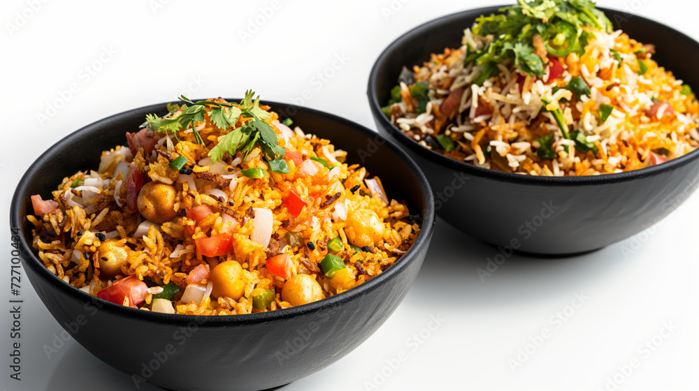 Bhel Puri creatively photographed with top, side, and front views in a black bowl Bhel Puri creatively photographed with top, side, and front views in a black bowl