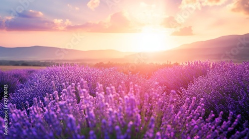 Blooming lavender flowers at sunset in Provence, France. Macro image. © mirifadapt