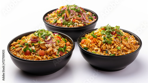 Bhel Puri creatively photographed with top, side, and front views in a black bowl