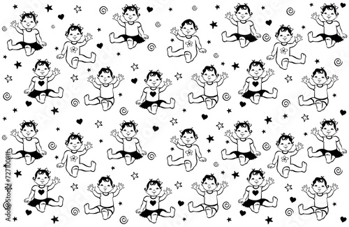 Happy cute babies sitting. Toddler girls and boys. Growth from newborn to toddler. Child. First year activities. Cartoon Child isolated on white background. Happy baby wave hand. illustration © Hanna