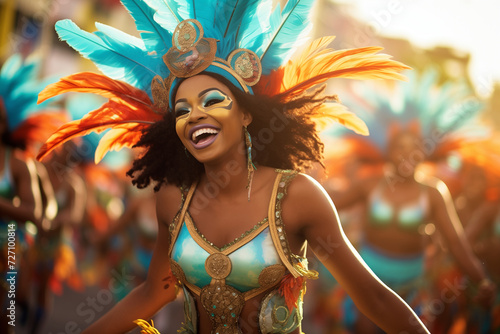 A woman donning a vibrant carnival outfit embellished with colorful feathers