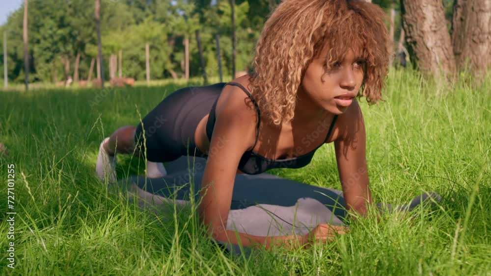 slim woman doing exercises for core plank workout fitness in city park summer season slim woman doing exercises for core plank workout fitness in city park summer season