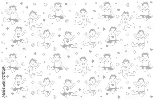 Happy cute babies sitting. Toddler girls and boys Growth from newborn to toddler. First year activities. Cartoon Child isolated on white background. Happy baby wave hand. light background illustration