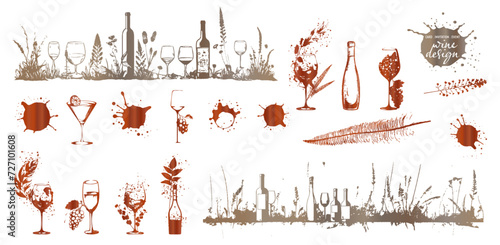 Colorful wine designs - Collection of wine glasses. Sketch vector illustration. Elements for invitation cards, advertising banners and menus. Wine glasses with splashing wine and plants.