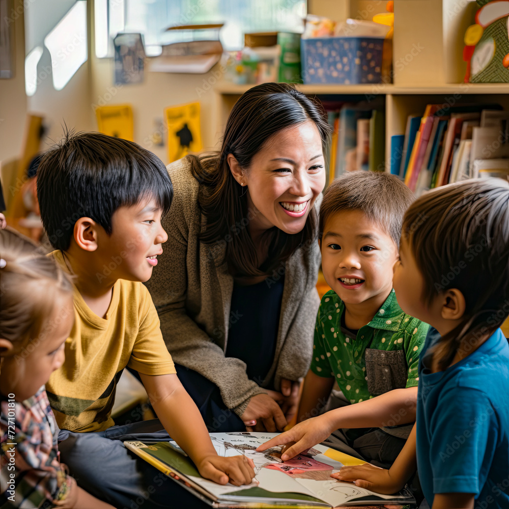 Fototapeta premium lifestyle photo Groups of children interacting with Asian American teacher.