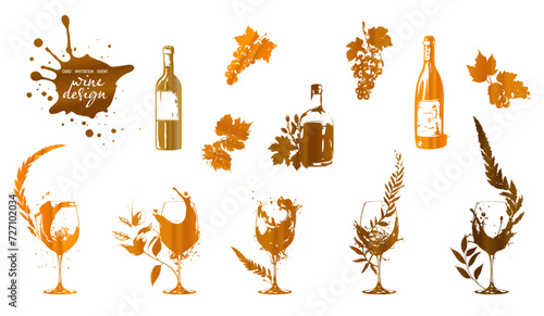 Colorful wine designs - Collection of wine glasses. Sketch vector illustration. Elements for invitation cards, advertising banners and menus. Wine glasses with splashing wine and plants.
