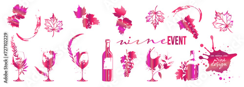 Colorful wine designs - Collection of wine glasses. Sketch vector illustration. Elements for invitation cards, advertising banners and menus. Wine glasses with splashing wine and plants.