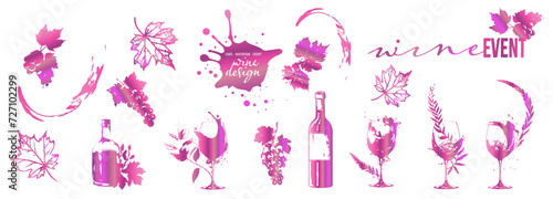 Colorful wine designs - Collection of wine glasses. Sketch vector illustration. Elements for invitation cards, advertising banners and menus. Wine glasses with splashing wine and plants.