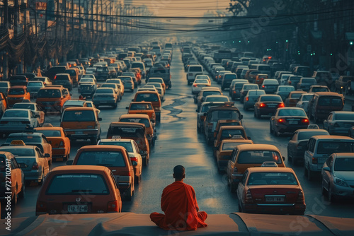 a monk mediating on street with many vehicles