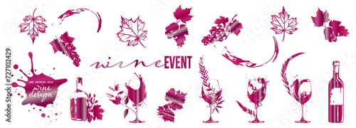Colorful wine designs - Collection of wine glasses. Sketch vector illustration. Elements for invitation cards, advertising banners and menus. Wine glasses with splashing wine and plants.