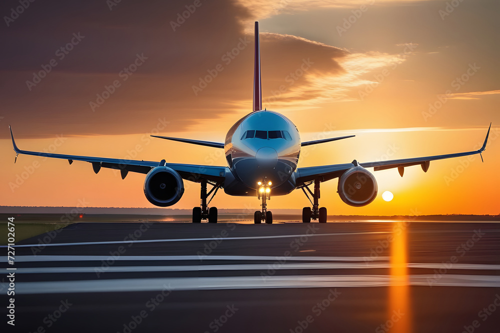 Naklejka premium Commercial airplane taking off into the sunset from an airport runway.