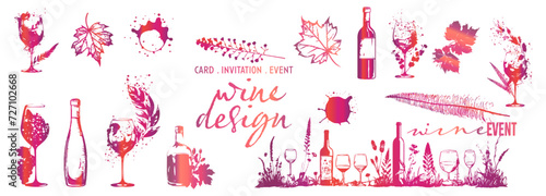 Colorful wine designs - Collection of wine glasses. Sketch vector illustration. Elements for invitation cards, advertising banners and menus. Wine glasses with splashing wine and plants.