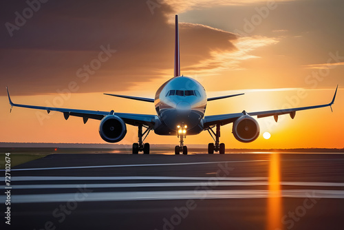 Commercial airplane taking off into the sunset from an airport runway. photo