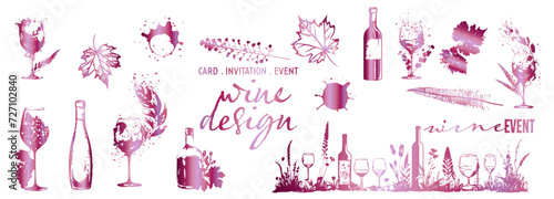 Colorful wine designs - Collection of wine glasses. Sketch vector illustration. Elements for invitation cards, advertising banners and menus. Wine glasses with splashing wine and plants.