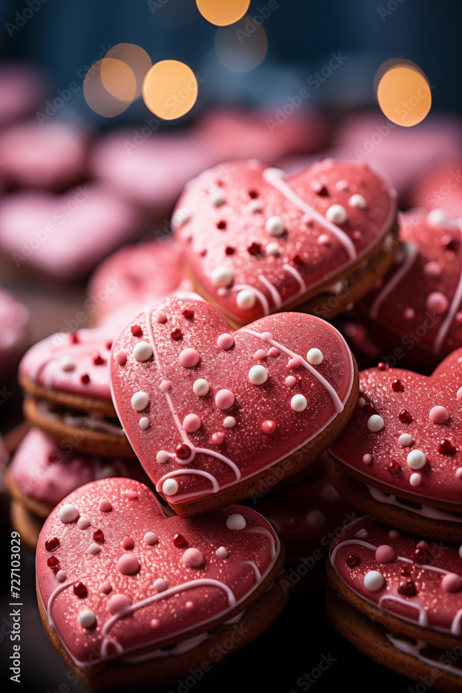 A pile of pink cookies in the shape of a heart.