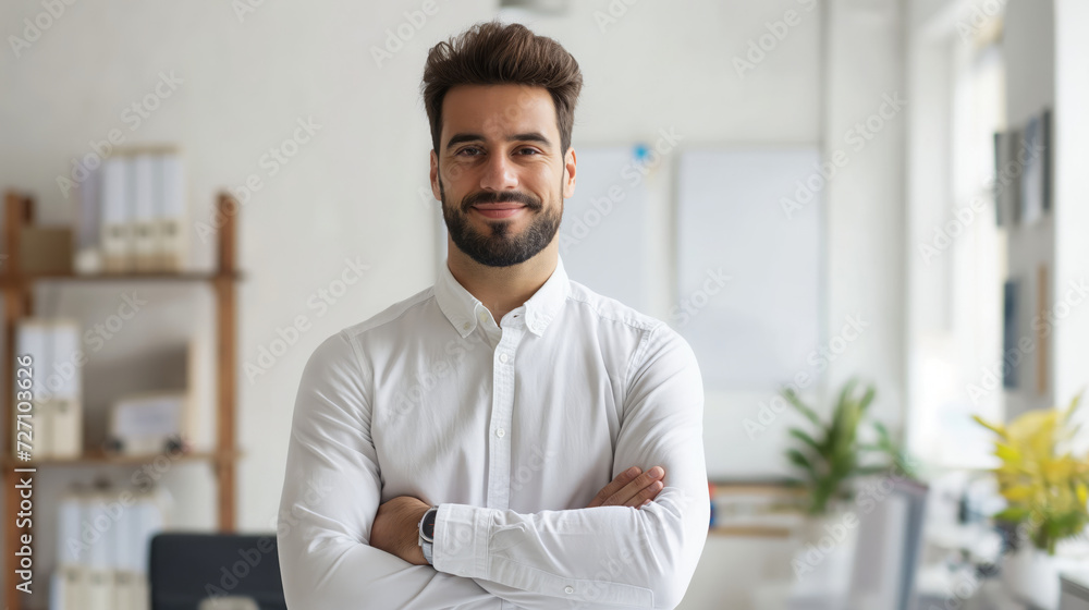 Obraz premium Close-up image of a professional standing confidently in front of their office desk